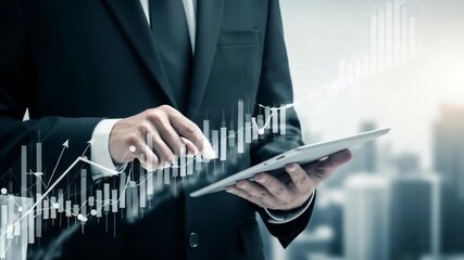 Businessman analyzing financial data on tablet with stock market graphs overlaid on city background - Powered by Adobe