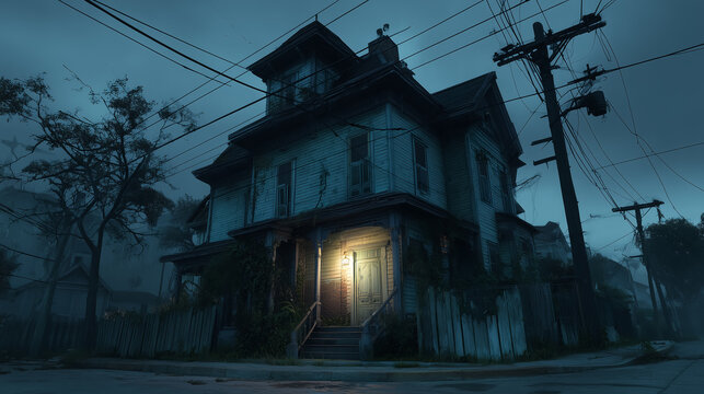 Creepy old house with porch light illuminating foggy street at night