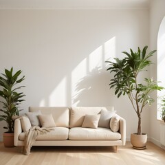 Simple and Bright Living Room with a Beige Sofa and a Large Houseplant