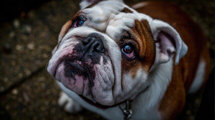 Close-up of a bulldog looking up