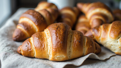 Close-up detail of golden, flaky croissants resting on a rustic linen cloth, capturing the warmth and texture of freshly baked pastries.

