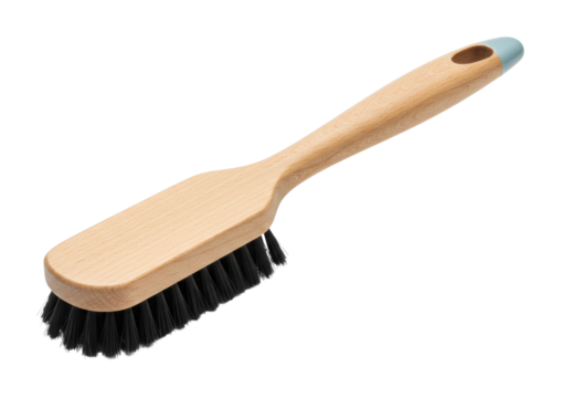 Cleaning action using a wooden brush home environment product household cleaning concept. Cut out png