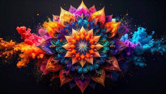 Vibrant mandala of colorful energy bursting with dynamic hues, perfect for modern design projects
