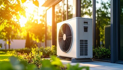 Modern heat pump installation in residential home provides efficient climate control, energy savings