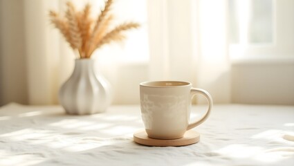 Fototapeta premium Photo of a mug of coffee on a table with pampas grass in the background