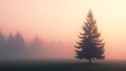 Photo of lonely tree in the field with fog in the morning at sunrise in autumn