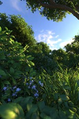 Lush forest floor with vibrant foliage