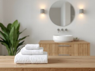 Photo of stack of white cotton towels on a wooden table in a bathroom