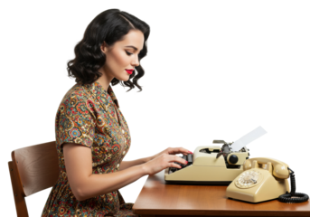 Vintage typing action by a woman at a desk with a typewriter and telephone retro setting. Cut out png