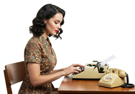 Vintage typing action by a woman at a desk with a typewriter and telephone retro setting. Cut out png