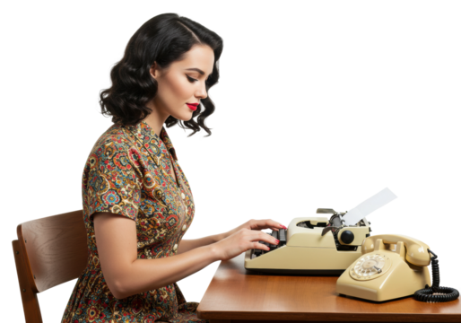 Vintage typing action by a woman at a desk with a typewriter and telephone retro setting. Cut out png