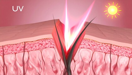 Skin layers showing ultraviolet radiation damage.