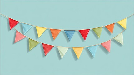 Obraz premium Colorful triangular pennants strung on a light beige cord against a pastel teal background