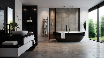 Contemporary Bathroom with Freestanding Tub, Rainfall Shower, Double Vanity, Vessel Sinks, Illuminated Mirror, and Dark Tile Finish – Sleek, Stylish Interior with Natural Light, 4K image 