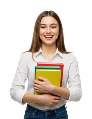 Student smiling with books in a bright studio environment celebrating learning and academic achievement. Cut out png