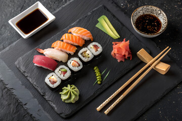 Modern Japanese sushi set with nigiri, maki, and sashimi, presented on black slate with wasabi, pickled ginger and soy sauce 