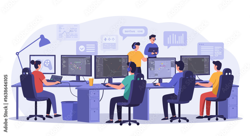 Wall mural a team of software developers working collaboratively in an open-plan office environment with multip