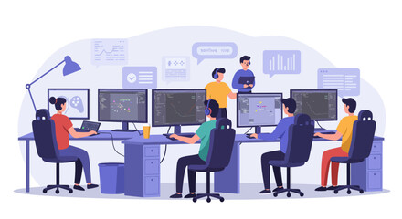 A team of software developers working collaboratively in an open-plan office environment with multiple computer screens displaying code and data.