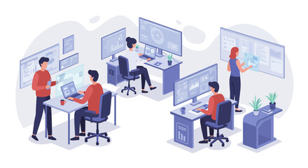 Illustration of a modern office space with several people working on computers and interactive screens, collaborating on data analysis and software development.