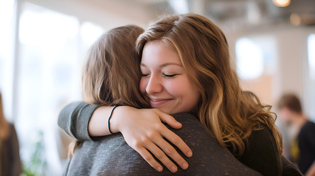 Two young women hugging each other, expressing friendship and support