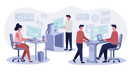 Team of software developers collaborating on a project in a modern office.