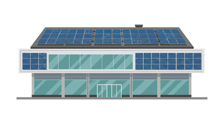 Modern building facade featuring a prominent roof covered in solar panels and large glass windows on multiple levels, suggesting sustainable energy and contemporary design.