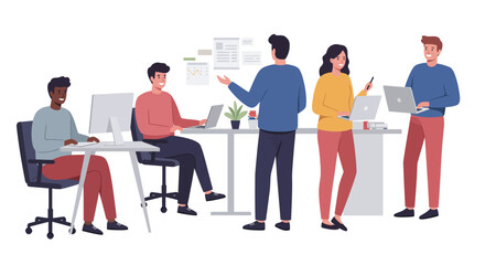 A diverse team of young professionals collaborating and working on laptops in a modern office.