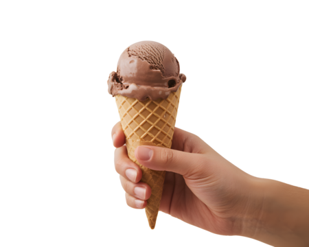 Hand holding a delicious chocolate ice cream cone with a waffle cone on a transparent background