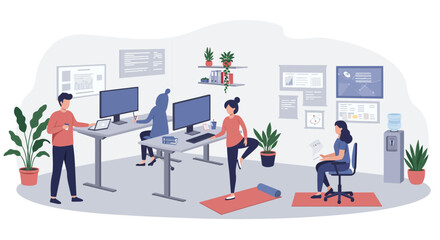 Obraz premium Modern office workers taking breaks; stretching, using laptops, and working at standing desks.
