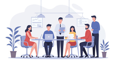 Obraz premium A diverse group of professionals collaborating in a modern office meeting, discussing ideas around a conference table with laptops and documents.