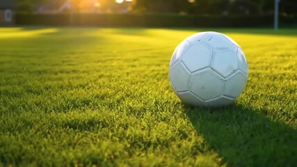 White soccer ball resting on a lush green grass field illuminated by warm sunlight in the evening - Powered by Adobe