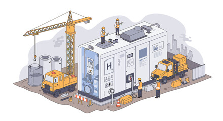 Isometric illustration of workers building a modern hydrogen energy generator on a construction site.