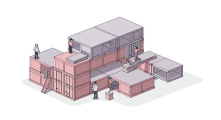 Isometric illustration of a modular building constructed from shipping containers, with people working on different levels.