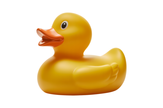 Classic yellow rubber duck toy with orange beak and open mouth