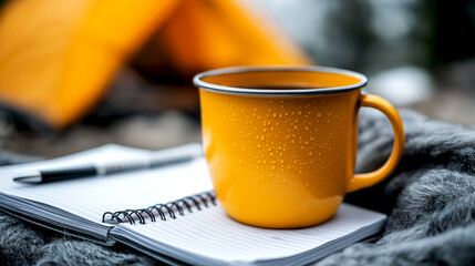 Yellow mug with dew drops on notebook, camping tent in background. Digital detox weekend scene: tent in forest, journal and mug. Creative retreat, travel journaling, outdoor lifestyle.