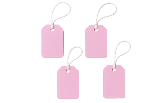 Four Blank Pink Rectangular Gift Tags with White String Loops Isolated on a Transparent Background