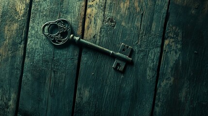A photograph taken in close proximity shows a metal key lying on a wooden surface, accentuating the key's texture and details, and the key is connected to a metal ring, drawing attention to its
