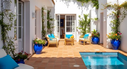 Tranquil Mediterranean Courtyard with Pool, Wicker Furniture, and Lush Greenery