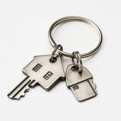 On a white background, a house key can be seen with a blue keychain that represents a home