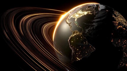 Illuminated Earth with glowing ring in space. Global connectivity visualization. Digital planet concept with orbiting light trails. Futuristic world technology video - Powered by Adobe