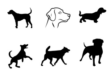 Collection of six diverse dog silhouettes and head illustration