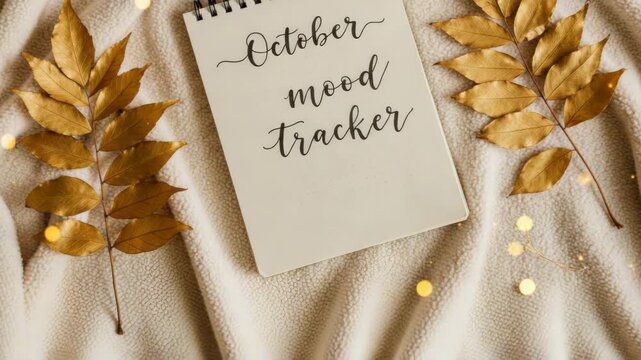October mood tracker notebook on cozy blanket with autumn leaves