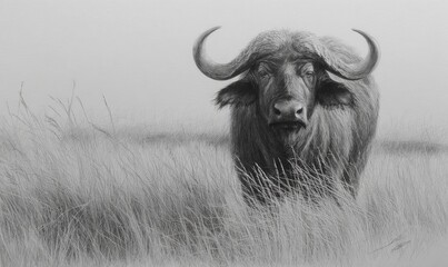 A grayscale buffalo in tall grass