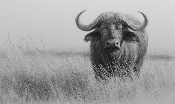 A grayscale buffalo in tall grass