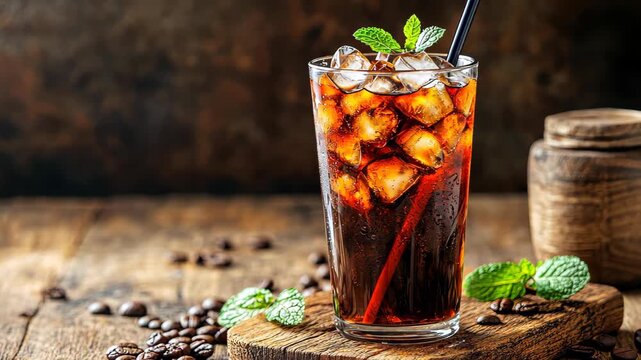 Refreshing Iced Coffee: An artfully arranged glass of iced coffee, adorned with sprigs of fresh mint and a scattering of coffee beans, inviting a cool and invigorating experience.