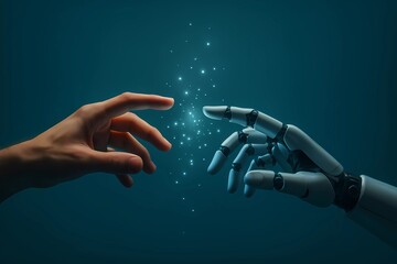 Two hands, one human and one robotic, reaching towards each other with a magical, glowing spark.