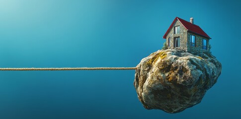 In the household debt loan concept, a small house is positioned on a large stone, signifying stability and security, against a peaceful blue background