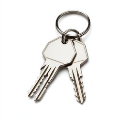The image features a close-up view of house keys with an attached keychain on a white background