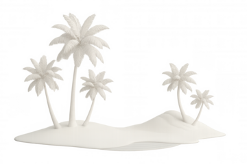 White monochromatic tropical island featuring palm trees, rendered in 3d with transparent background and alpha channel