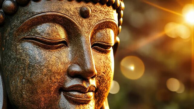 Serene Buddha: A close-up shot of a serene Buddha statue. The statue is made of bronze, with delicate details on the face and hair, embodying tranquility and meditation